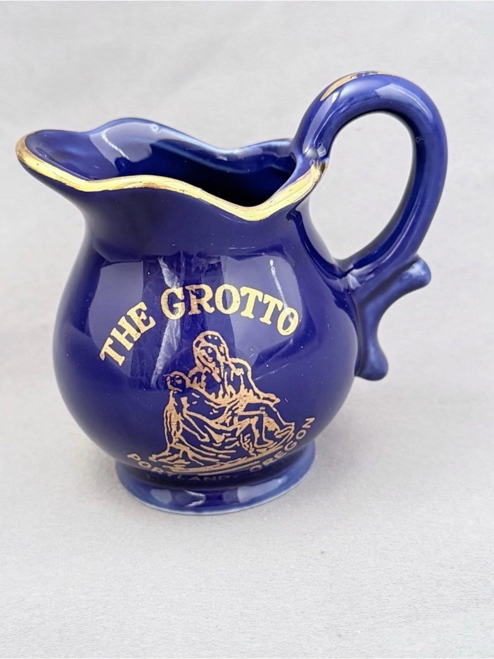 Vtg “The Grotto” Portland Oregon Cobalt Blue Souvenir Mini Creamer Pitcher Japan